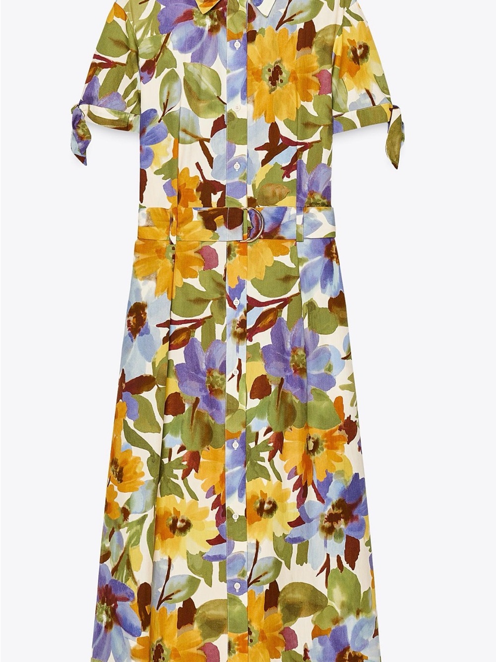ZARA BELTED FLORAL PRINTED POPLIN MIDI SHIRT DRESS in Crème,Yellow, Blue & Green